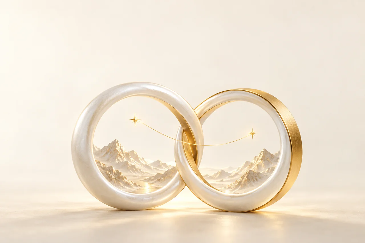 两道白金星环，象征相遇与连接